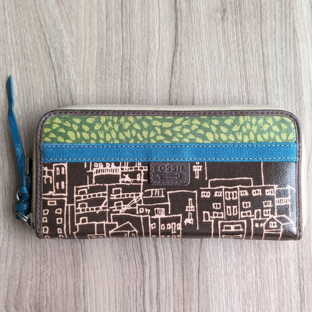 Fossil Key-Per Brown Cityscape Long Wallet